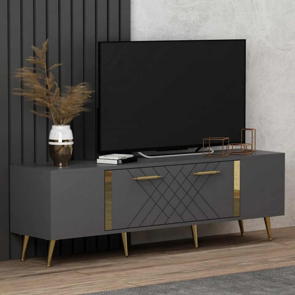 Comoda TV Detas, Antracit / Auriu