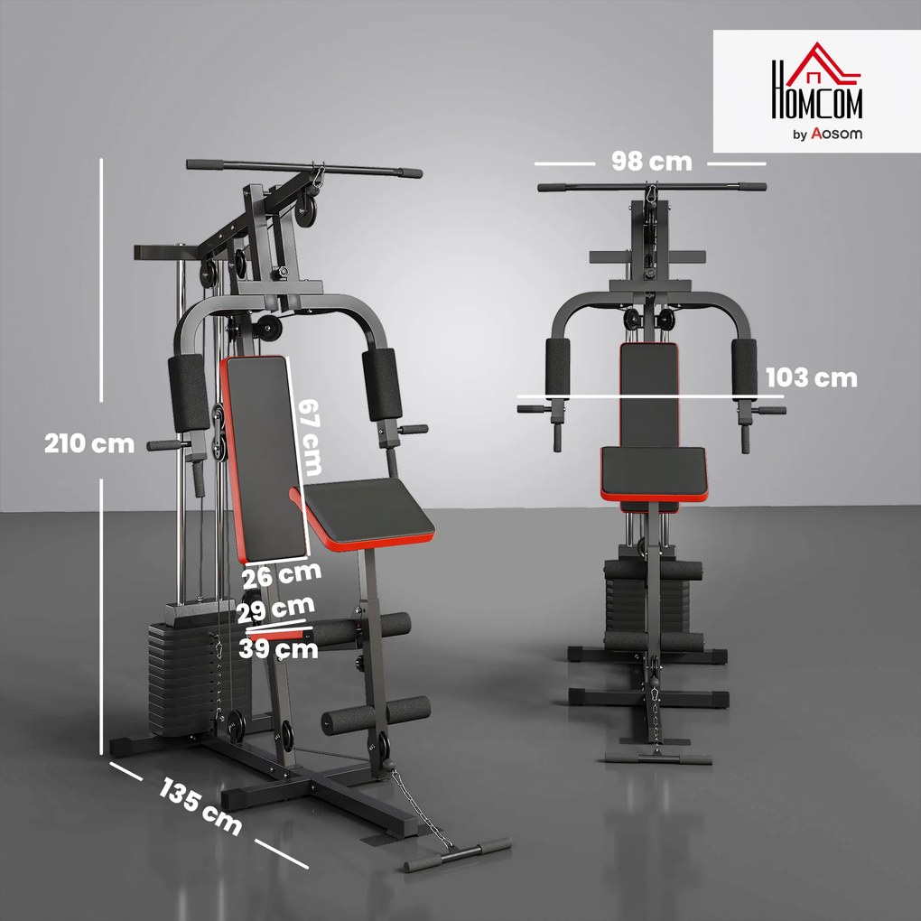 HOMCOM Power Tower Stație Fitness Greutăți 65kg, 135x103x210cm, Negru Roșu | Aosom Romania