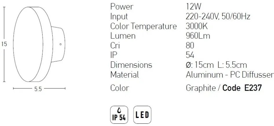 Aplica LED de perete pentru iluminat exterior, IP54 Yuli grafit