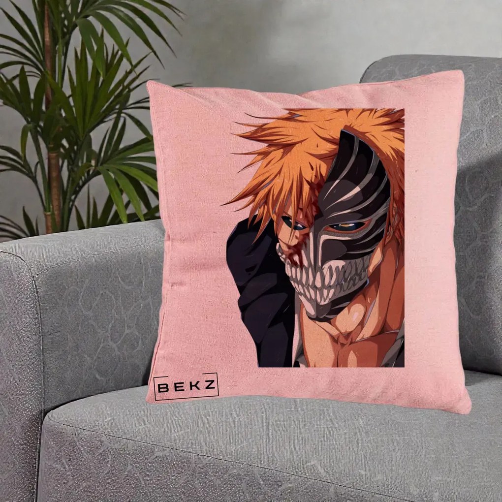 Perna Personalizata Bleach Ichigo Masca Hollow, 40x40 cm, Roz, Husa Detasabila, Perna Inclusa, BEKZ®