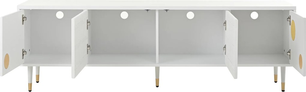 Comodă TV cu front din plasă metalică și accente aurii, 4 uși, 170x36x54 cm, Alb