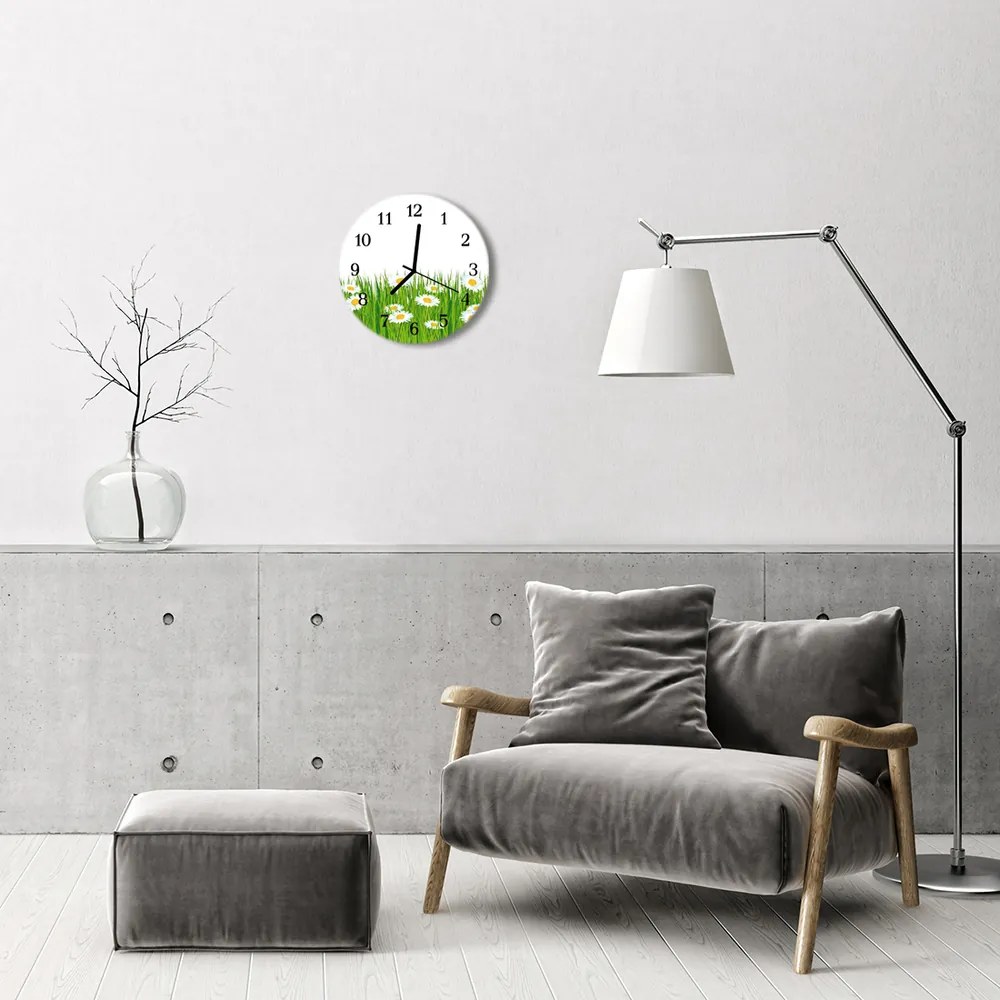 Ceas de perete din sticla rotund Daisy Flori și plante verde, alb