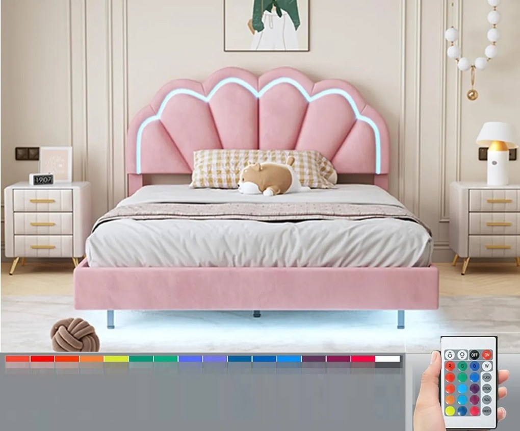 PARC7 - Pat tapitat cu LED, 140 x 200 cm - patut copii, fetite - Catifea Roz sau Crem