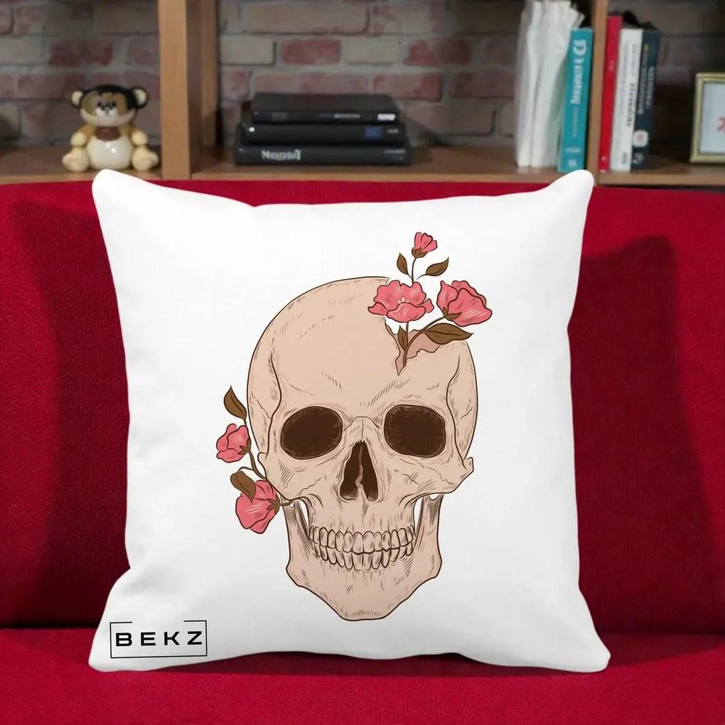 Perna Decorativa Craniu Floral Gothic, 40x40 cm, Alba Mata, Husa Detasabila, Perna Inclusa, BEKZ®