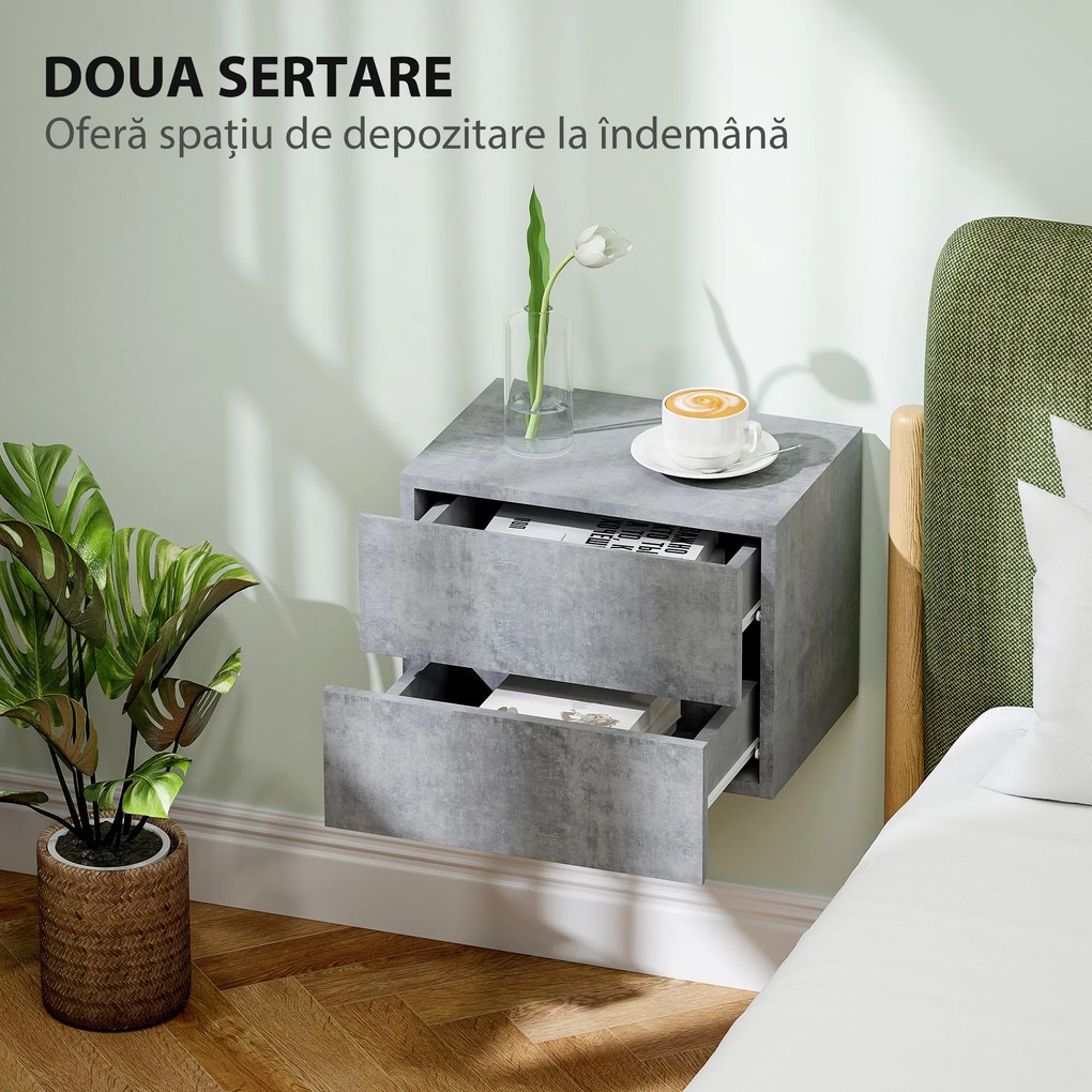 HOMCOM Set de 2 Noptiere Suspendate cu 2 Sertare, 40x29x30 cm, Gri | Aosom Romania