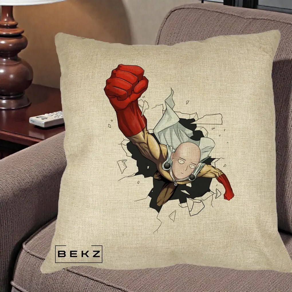 Perna Personalizata One Punch Man Saitama Pumn, 40x40 cm, Crem, Husa Detasabila, Perna Inclusa, BEKZ®