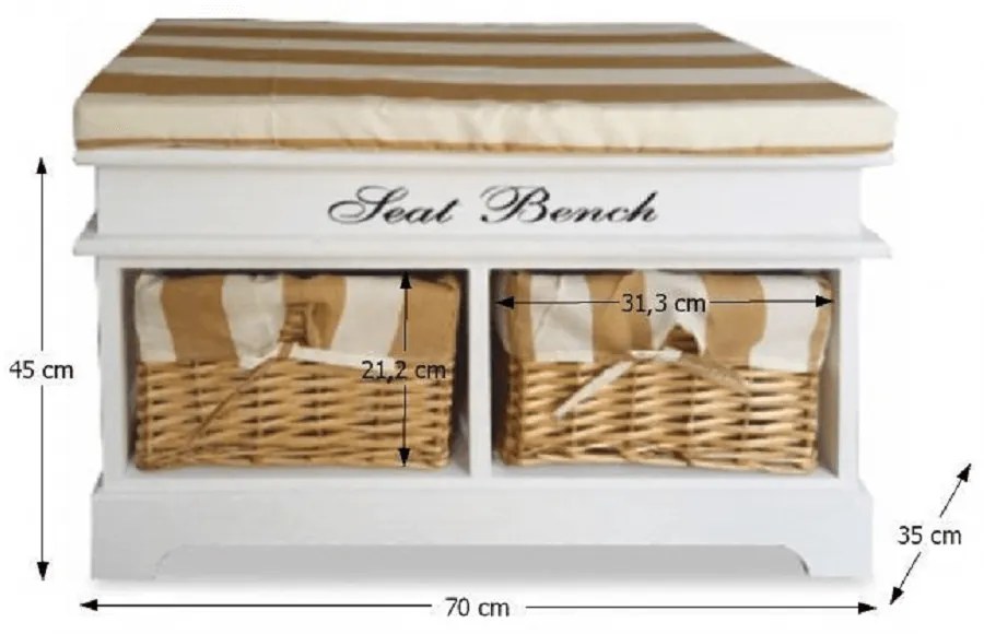 Bancă cu pernă, 2 coşuri de răchită, alb/miere/imprimeu, SEAT BENCH 4