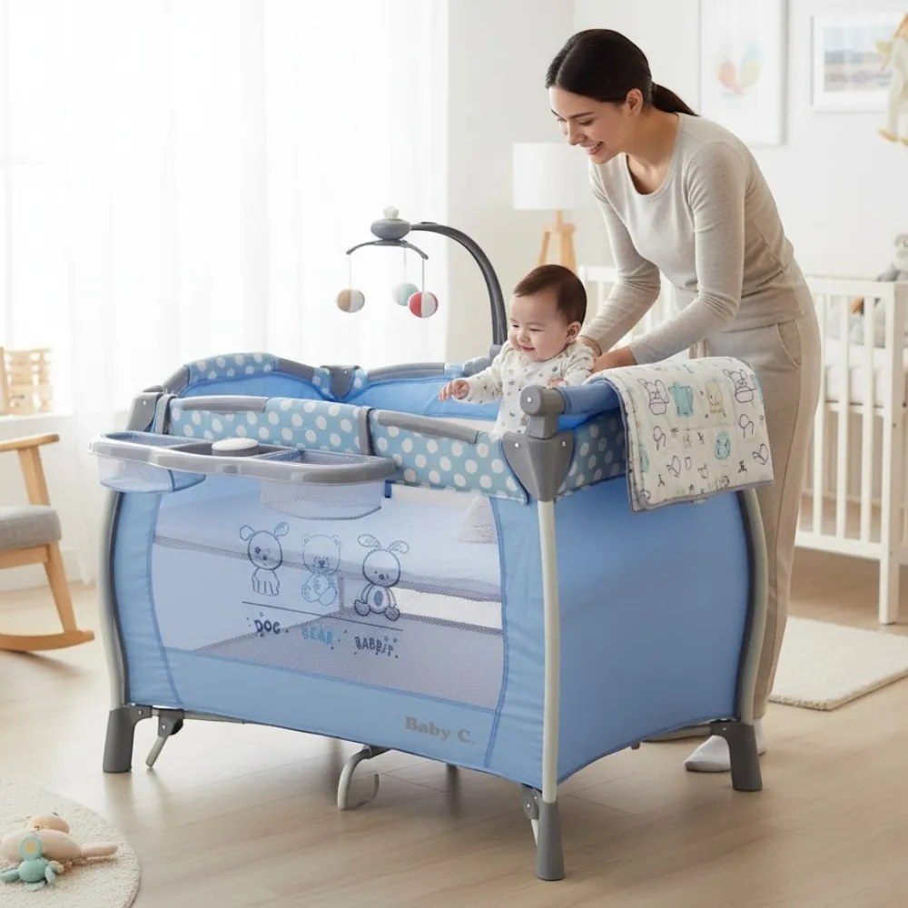 Patut Pliabil rotund cu balansoar, Tarc copii Baby Care™ PRO FRW, 2 Niveluri de inaltime, Cu melodii si Masa infasat, Carusel cu jucarii din plus,