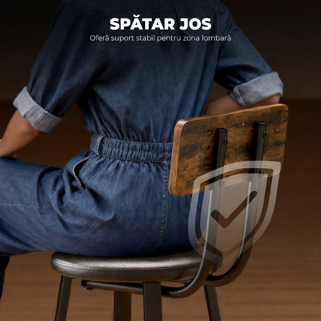 HOMCOM Set de 2 Scaune de Bar Captușite cu Spătar și Suport pentru Picioare - Maro Rustic și Negru | Aosom Romania