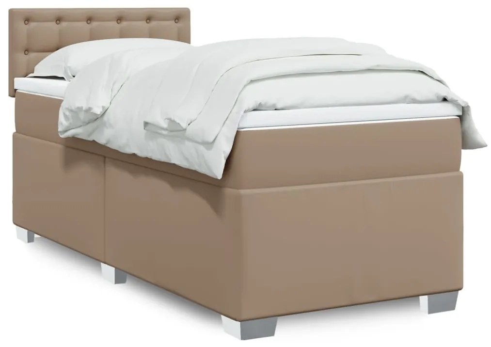 3286107 vidaXL Pat box spring cu saltea, cappuccino, 90x200 cm piele ecologică