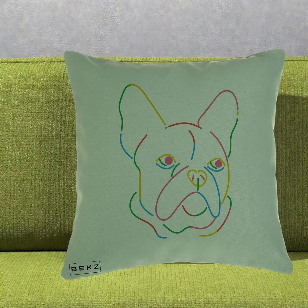 Perna Decorativa Bulldog Francez Line Art Curcubeu, 40x40 cm, Verde, Husa Detasabila, Perna Inclusa, BEKZ®