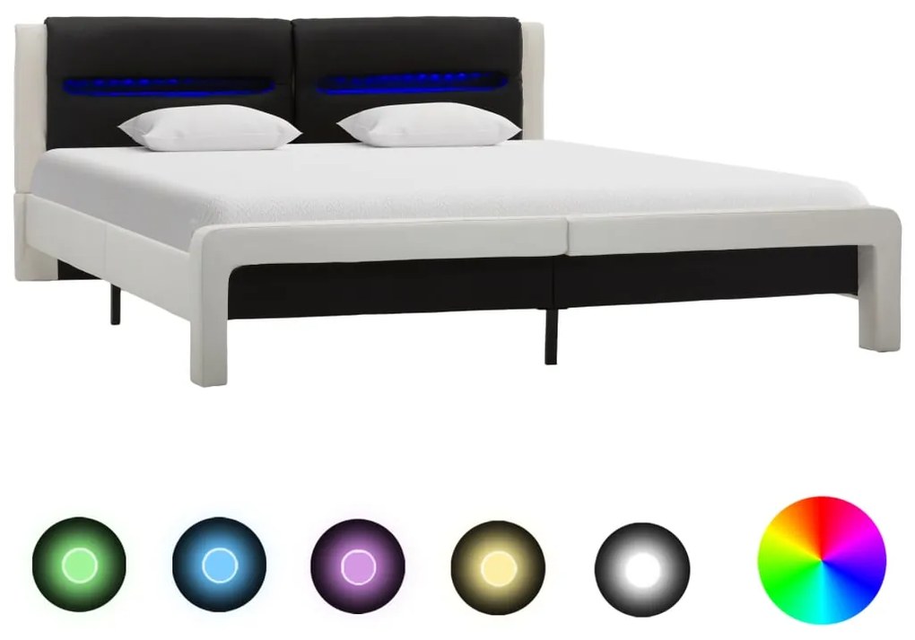 vidaXL Cadru de pat cu LED, alb și negru, 180x200 cm, piele ecologică