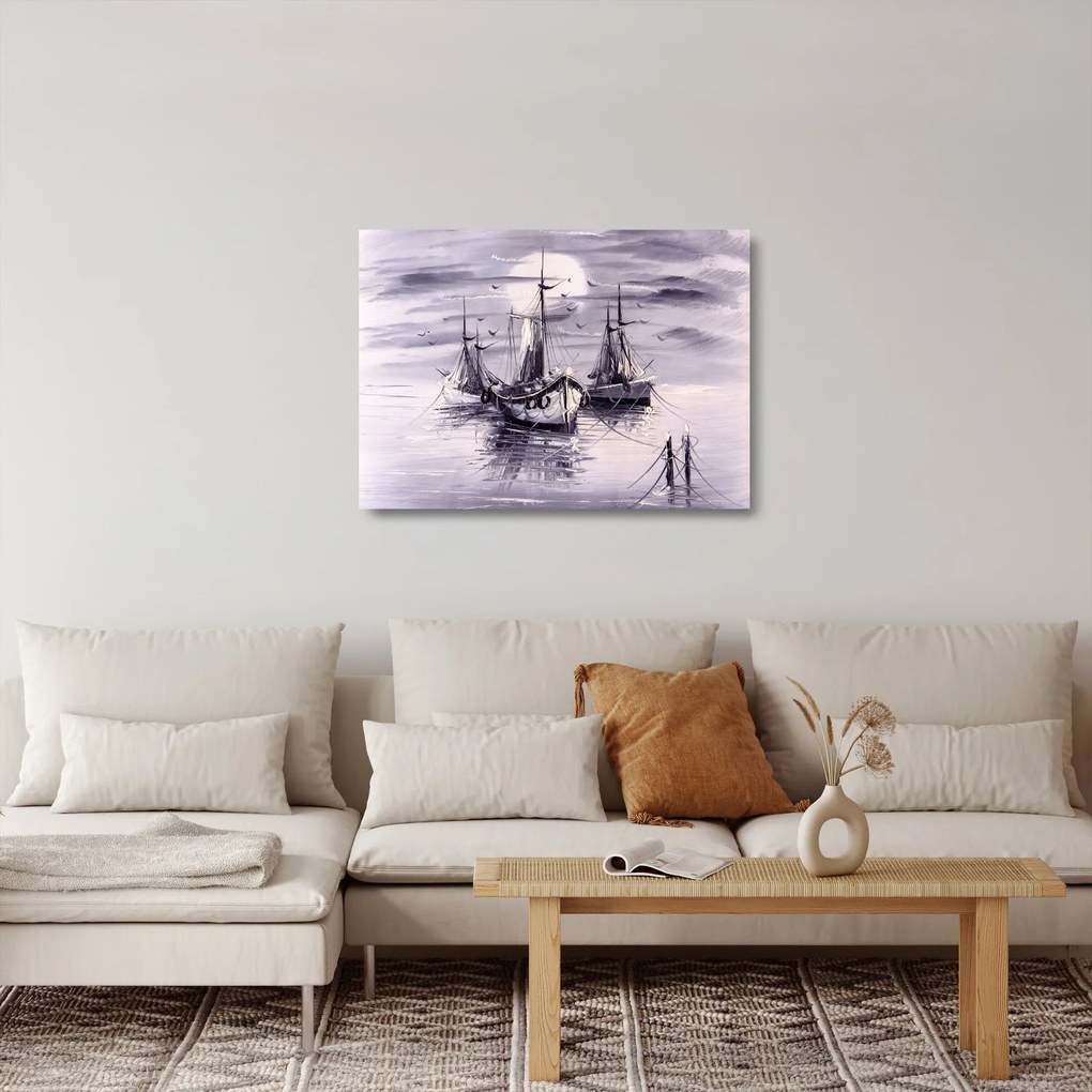 Tablou pe sticlă - Port marin, pictură în ulei (70x50 cm)