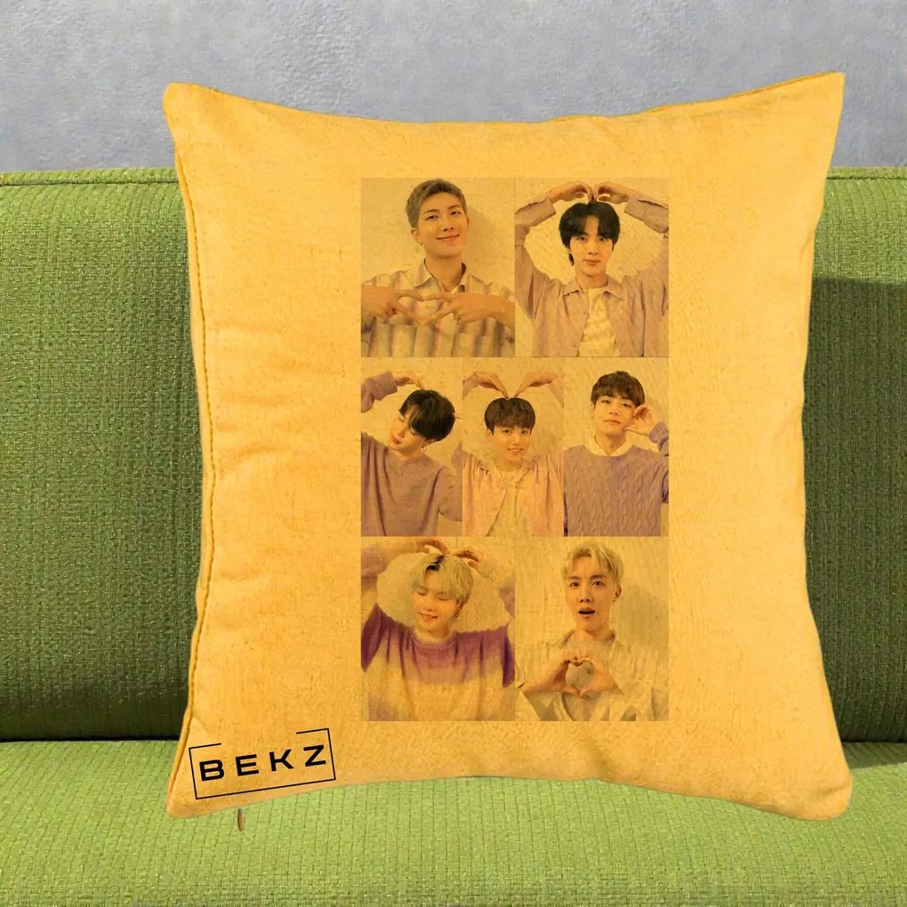 Perna Personalizata K-pop BTS Colaj 7 Portrete cu Inimi Lila, 40x40 cm, Galben, Husa Detasabila, Perna Inclusa, BEKZ®