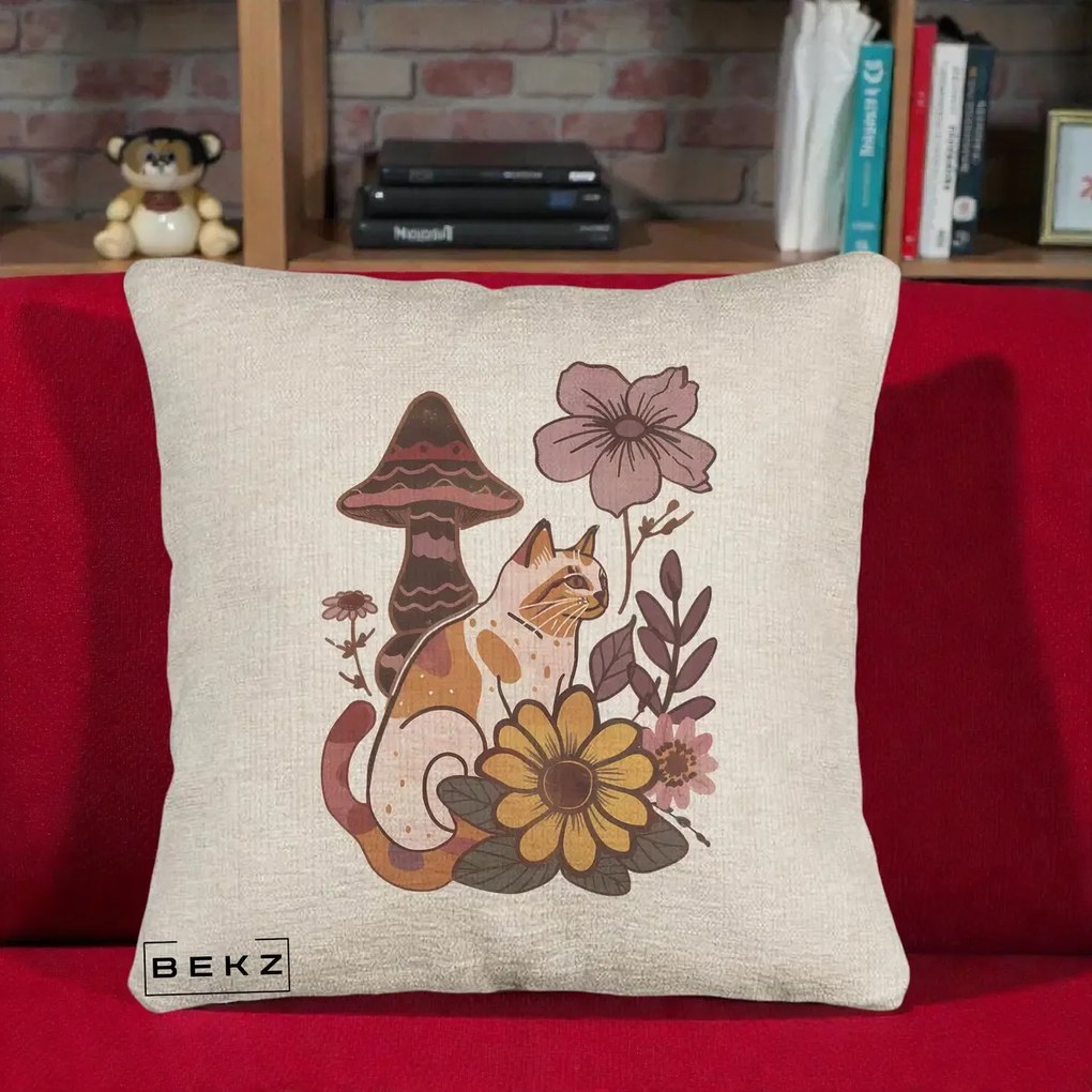 Perna Decorativa Pisica Vintage Florala Boho, 40x40 cm, Bej Canapea, Husa Detasabila, Perna Inclusa, BEKZ®