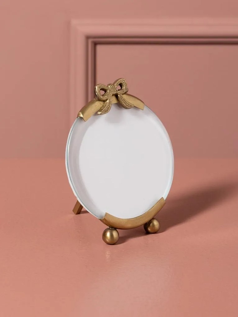Set 2 rame foto rotunde din sticlă și metal, auriu, fundă sculptată, margine șlefuită și picioare sferice, finisaj antichizat, 2 x 16 x 13 cm,