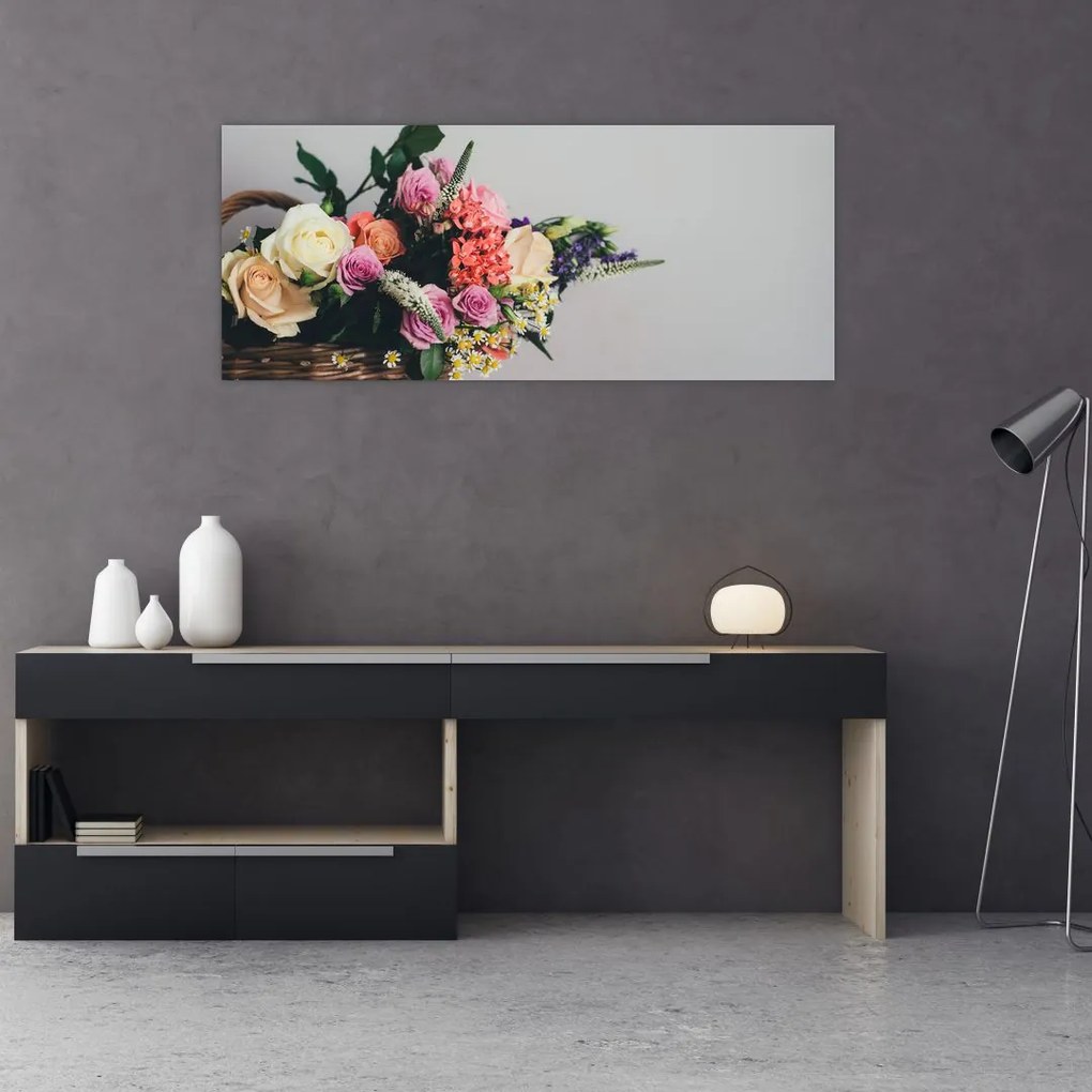 Tablou cu coș și flori (120x50 cm)