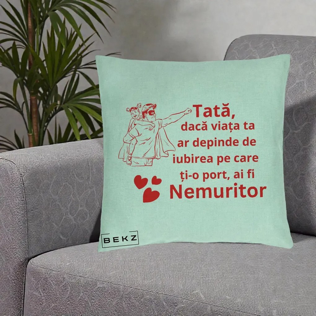 Cadou pentru Tata - Perna Personalizata Tata Nemuritor cu Fetita, 40x40 cm, Verde Menta, Husa Detasabila, Perna Inclusa, BEKZ®