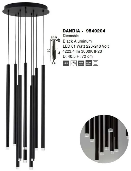 Lustra cu 10 pendule LED design tubular DANDIA