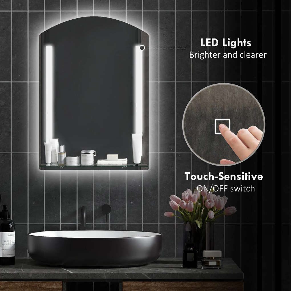 Kleankin Oglindă Baie cu Lumină LED Reglabilă pe 3 Culori și Raft din Sticlă, 50x12x70 cm, Argintiu | Aosom Romania