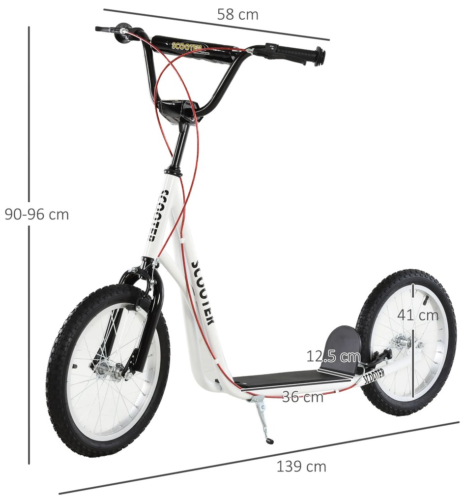 HOMCOM Trotinetă pentru copii Trotinetă oraș Treticiclu Kickboard cu roți pneumatice și frână de mână Trotinetă copii pliabilă de la 5 ani 16 inch Alb 139 x 58 x 90-96 cm | Aosom Romania