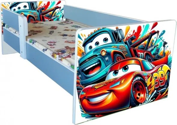 Pat tineret Cars -saltea cadou,alb-albastru