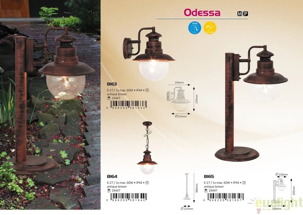 Stalp de iluminat cu protectie IP44 de exterior, finisaj maro antic, Odessa 8165 RX