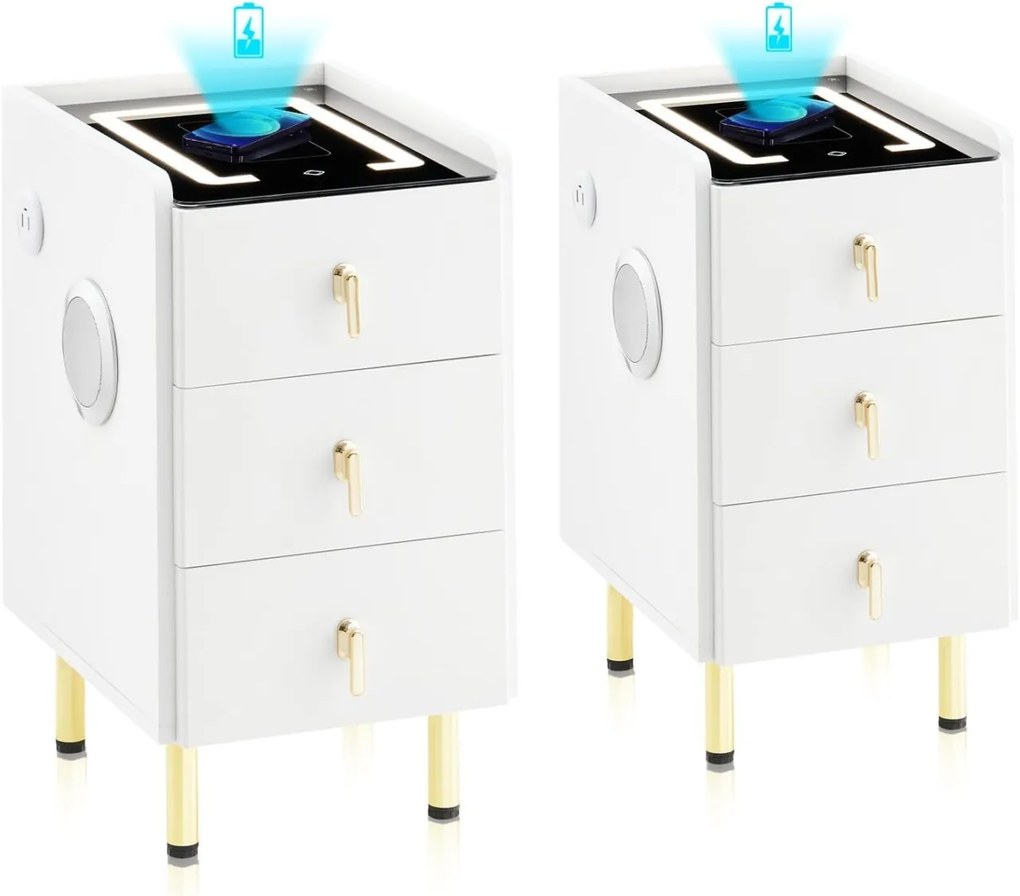 NOA1 - Set 2x Noptiere Smart, 30 cm, cu 3 sertare, LED, USB, Bluetooth, Incarcator Wireless, mobilier dormitor - Alb