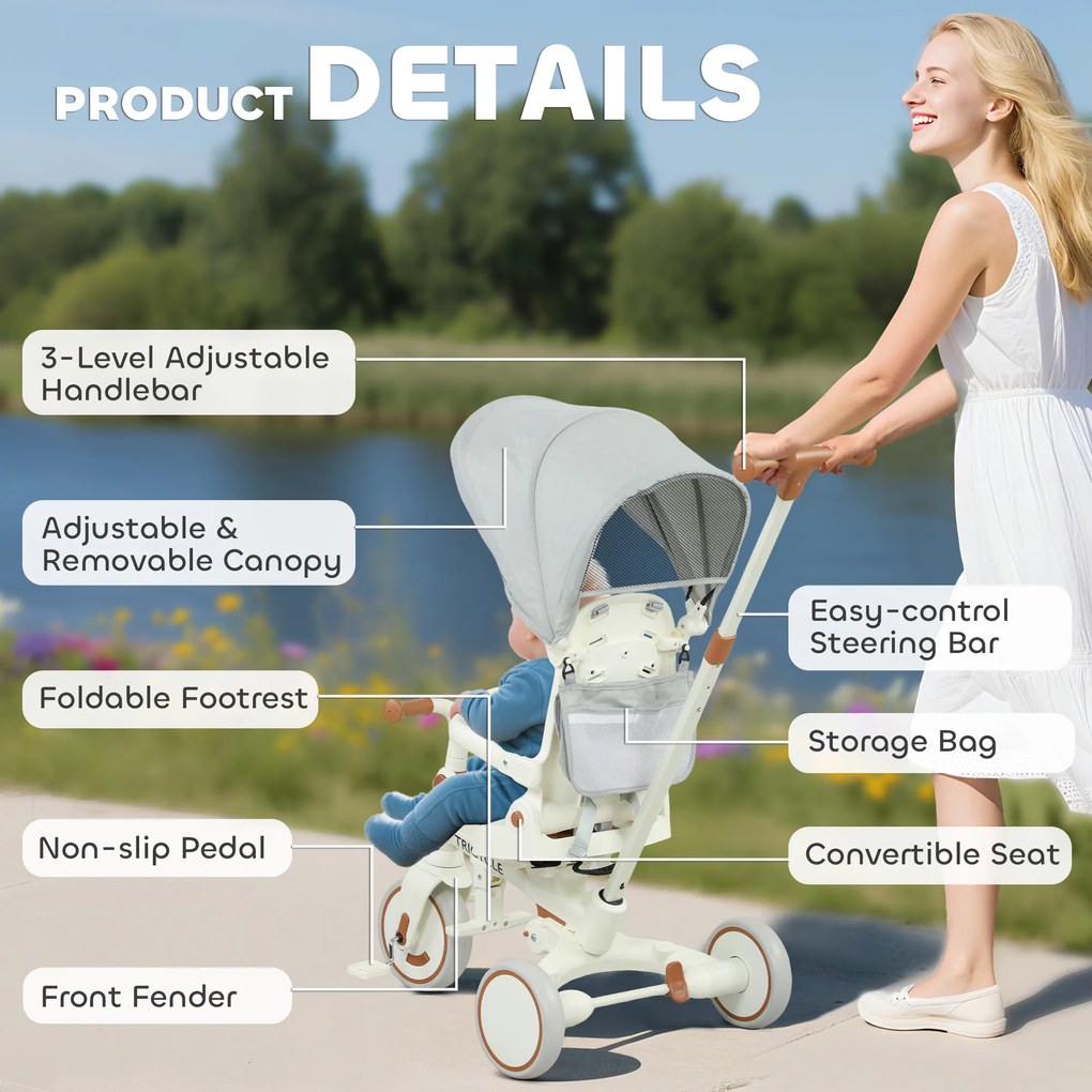 AIYAPLAY Triciclu pentru Copii 5 în 1 cu Spătar Reglabil, Triciclu pentru Copii cu Mâner de Împingere, Spătar Reglabil, Crem Alb | Aosom Romania