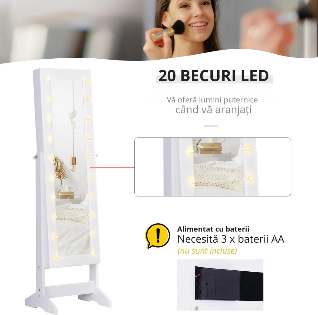 HOMCOM Dulap pentru Bijuterii cu Oglindă și LED-uri, Spațiu Amplu de Depozitare, 40x37x146 cm, Alb | Aosom Romania