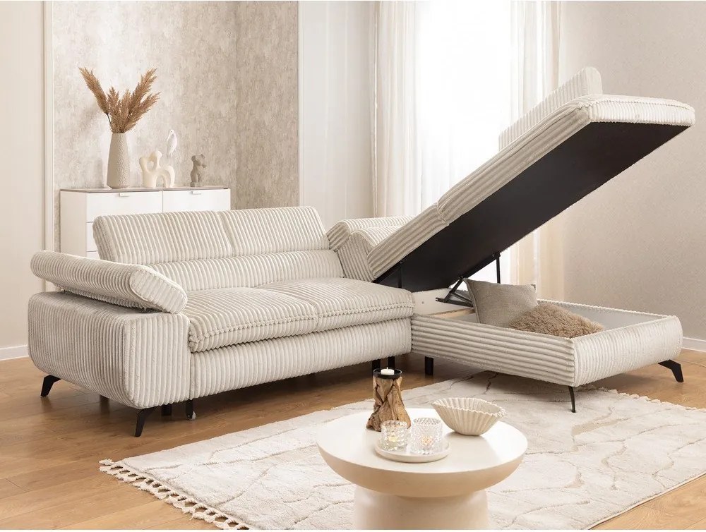 Colțar crem cu tapițerie din catifea reiată (cu colț pe partea dreaptă/în formă de ”L”) Marbeya – Ropez