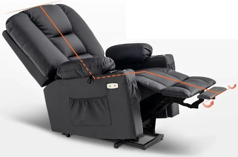 RESIGILAT- Fotoliu Electric Power Lift&Recliner, ridicare și rabatare, masaj și incalzire, porturi USB, suporturi pentru pahare, buzunare laterale, telecomenzi, PU, Negru