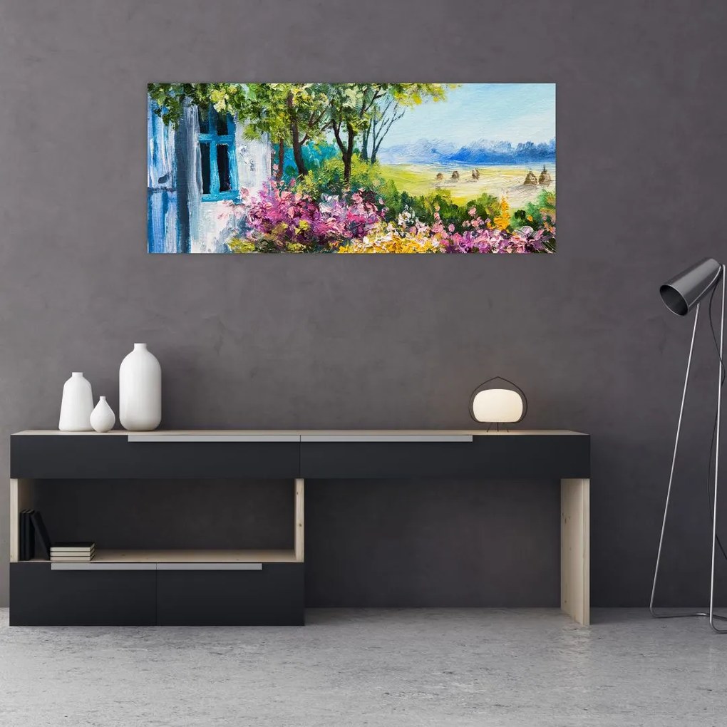 Tablou - Grădina din fața casei, pictură în ulei (120x50 cm)