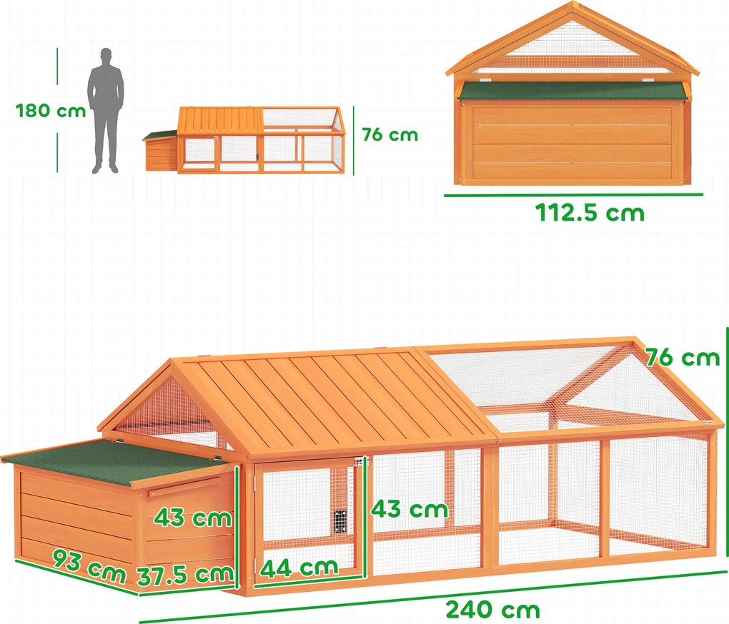 PawHut Coteț pentru Găini de Exterior cu Acoperiș Rabatabil și Ușă Largă Pentru 4-8 Găini, 240x112,5x76 cm, Portocaliu | Aosom Romania