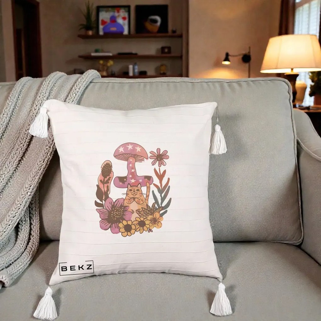 Perna Decorativa Ciuperca Pisica Boho, 40x40 cm, Bej cu Franjuri, Husa Detasabila, Perna Inclusa, BEKZ®