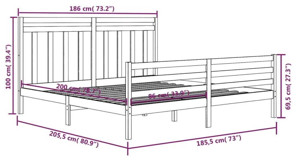 Cadru de pat Super King 6FT, gri, 180x200 cm, lemn masiv Gri, 180 x 200 cm