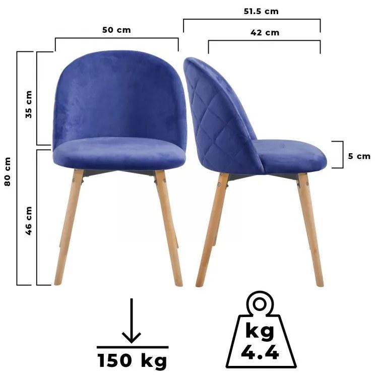 Set de 2 x  scaune de masă din catifea, albastru regal
