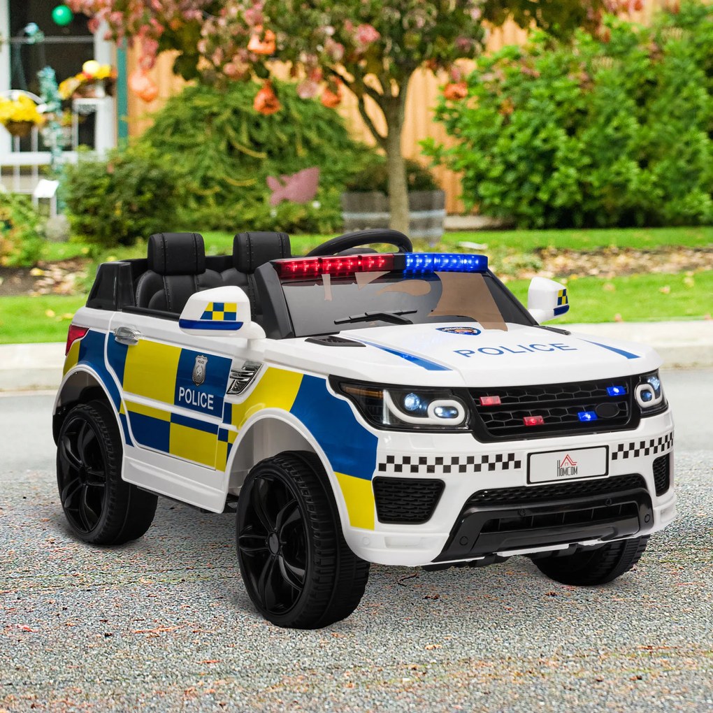 Masina Electrica pentru Copii de Politie Baterie 12V si Telecomanda, Sirena Lumini, Conexiune USB pentru Muzica 110x68x52cm HOMCOM | Aosom Romania