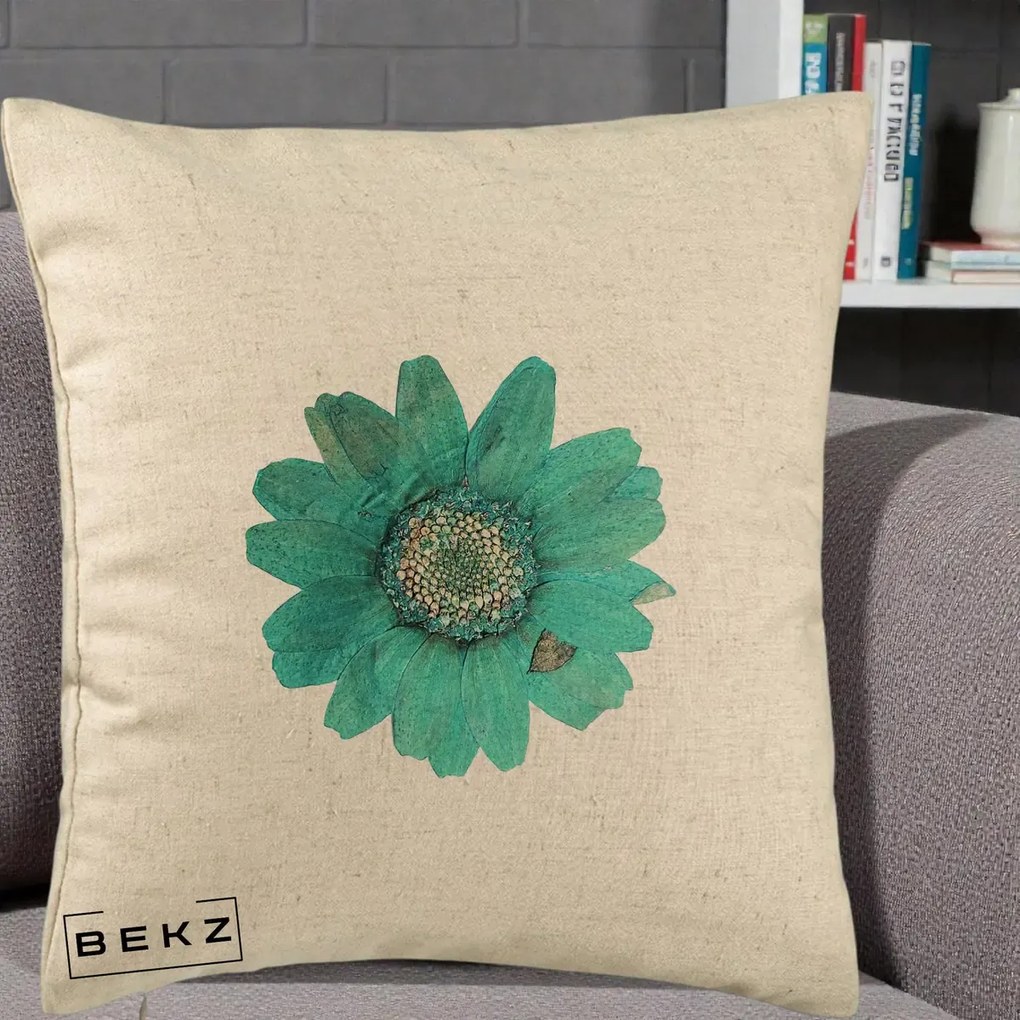 Perna Decorativa Floare Gerbera Teal Acuarela, 40x40 cm, Bej, Husa Detasabila, Perna Inclusa, BEKZ®