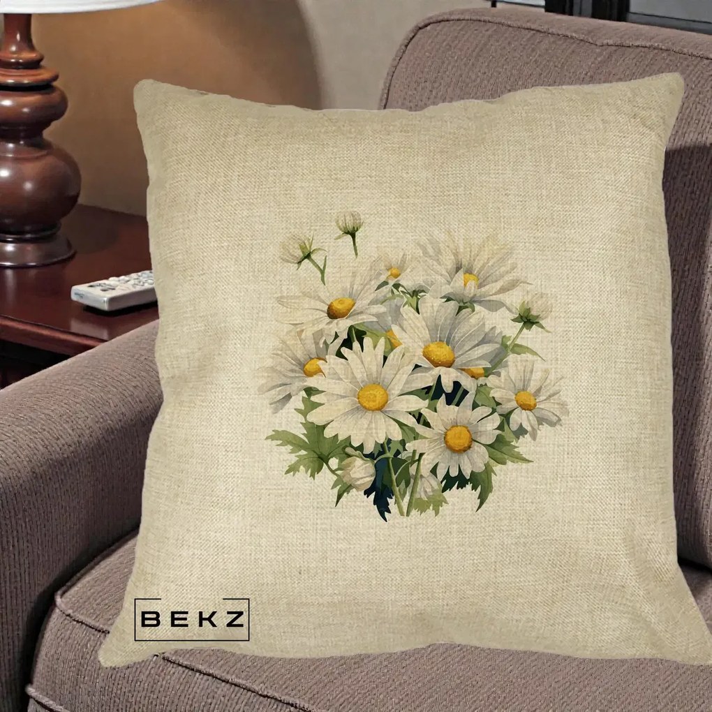 Perna Decorativa Buchet Margarete Albe Acuarela, 40x40 cm, Crem, Husa Detasabila, Perna Inclusa, BEKZ®