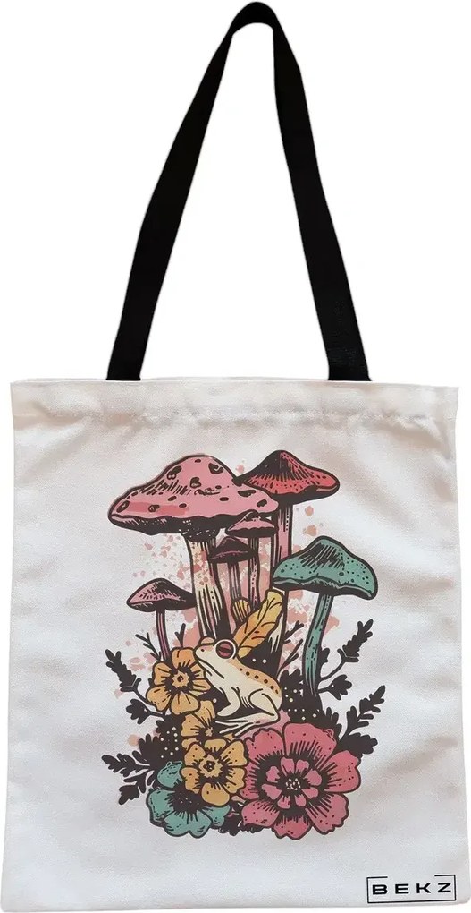 Sacosa de Panza pentru Cumparaturi, Geanta Tote, Colorful Mushrooms, Cu fermoar, 38x34.5 cm, Alba, BEKZ®