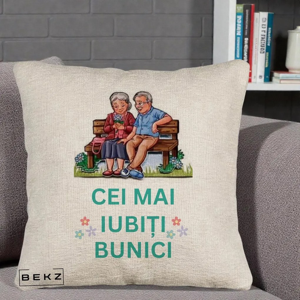 Cadou pentru Bunici - Perna Personalizata Cei Mai Iubiti Bunici Cuplu pe Banca Ilustratie, 40x40 cm, Bej Canapea, Husa Detasabila, Perna Inclusa, BEKZ®