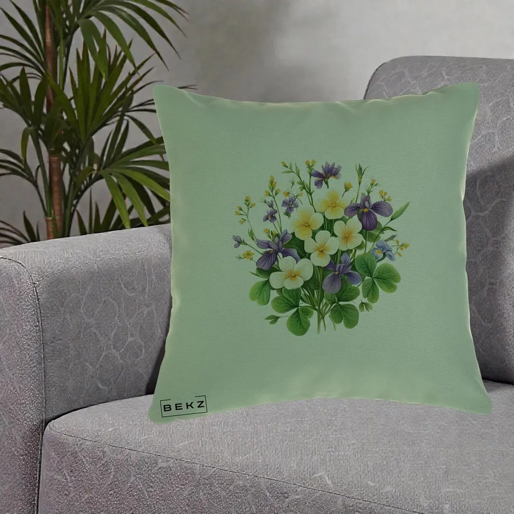 Perna Decorativa Viorele Iris Violet si Trifoi, 40x40 cm, Verde, Husa Detasabila, Perna Inclusa, BEKZ®
