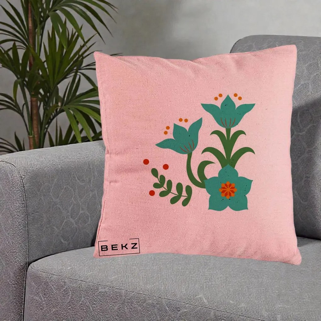 Perna Decorativa Flori Stilizate Folk Turcoaz, 40x40 cm, Roz, Husa Detasabila, Perna Inclusa, BEKZ®