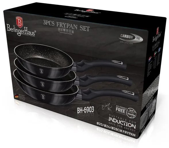 Set 3 tigai Carbon Pro Berlinger Haus BH 6903, marmorate, gri inchis, antiaderente, inductie