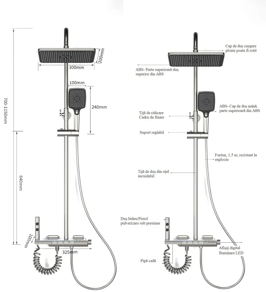 Coloană de duș termostat, afișaj digital, lumină LED ambientală, 4 funcții, taste de pian, cap duș dreptunghiulară, efect de ploaie, înălțime reglabilă, montare pe perete, Gri, 8004