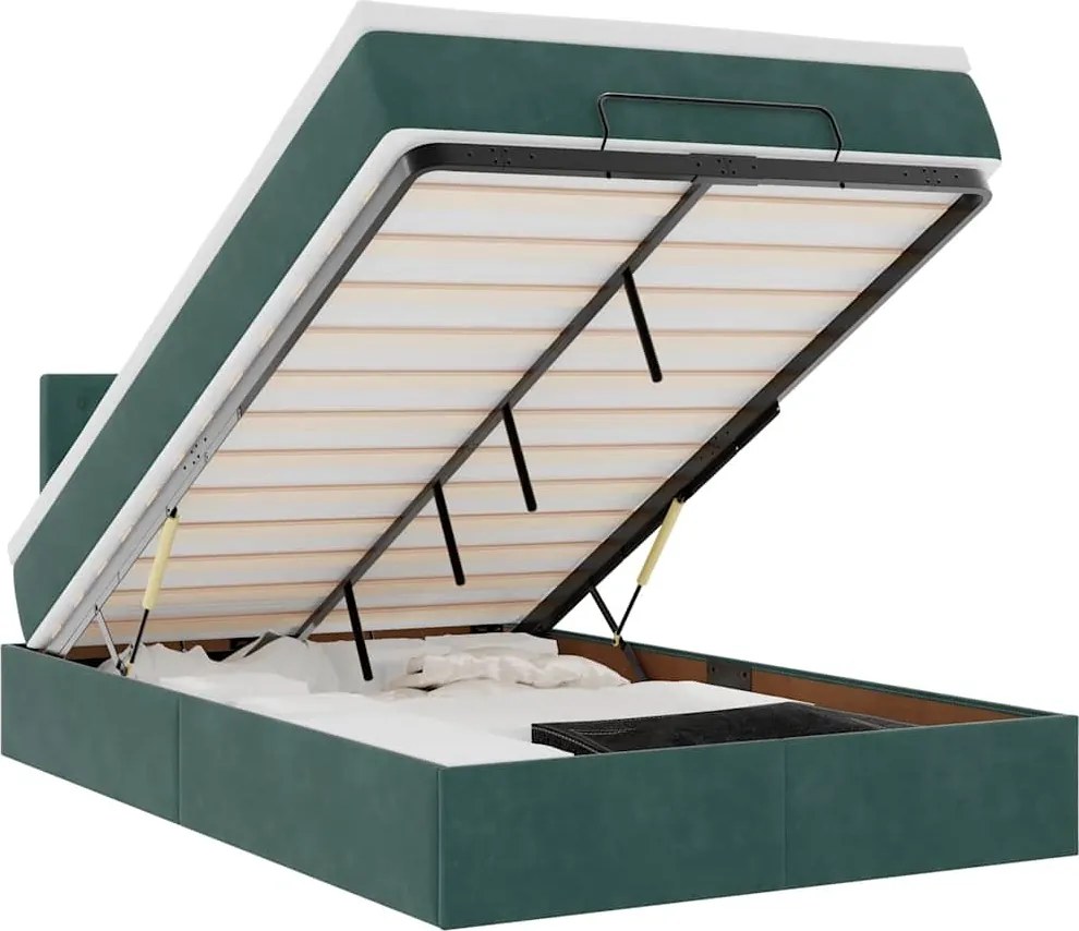 vidaXL Pat otoman cu saltea și LED-uri, verde închis 120x190cm catifea