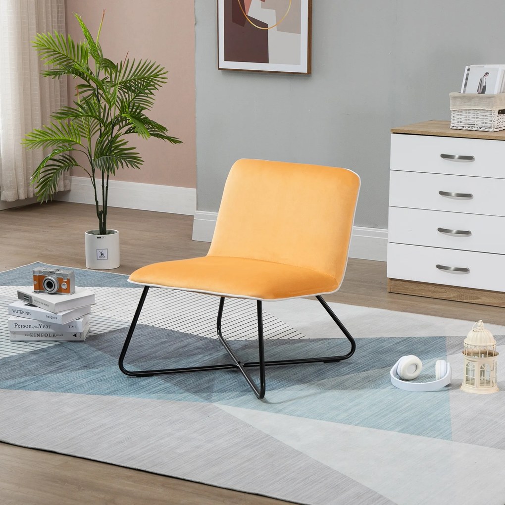 Fotoliu din Catifea HOMCOM Stil Nordic fara Cotiere, Scaun fotoliu de Camera cu Baza metalica Incrucisata, 55x69x68cm, Galben | Aosom RO