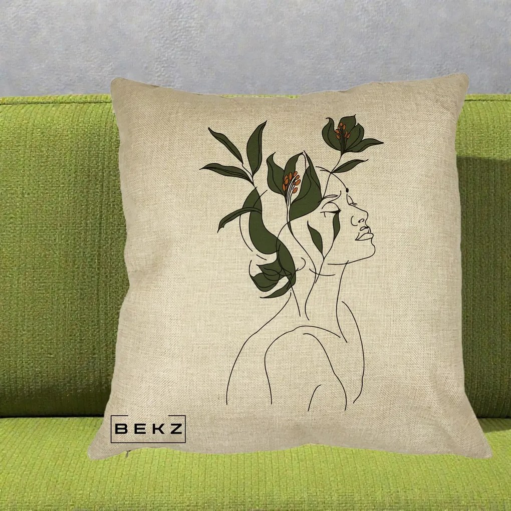 Perna Decorativa Portret Feminin Crin Verde, 40x40 cm, Crem, Husa Detasabila, Perna Inclusa, BEKZ®