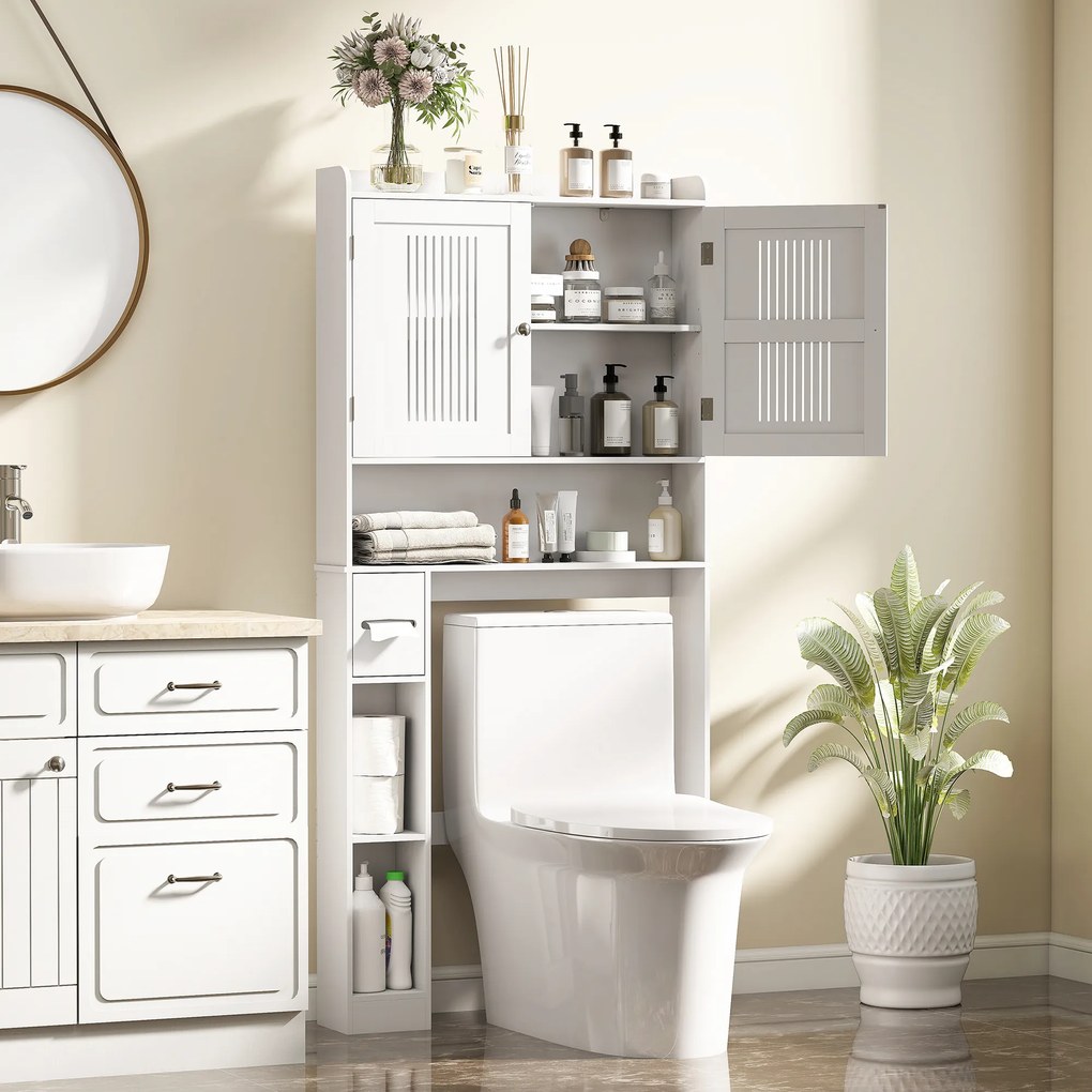 HOMCOM Mobilier WC deasupra toaletei mobilier baie cu dulap cu două uși și suport pentru hârtie 80x19,5x170cm alb | Aosom Romania